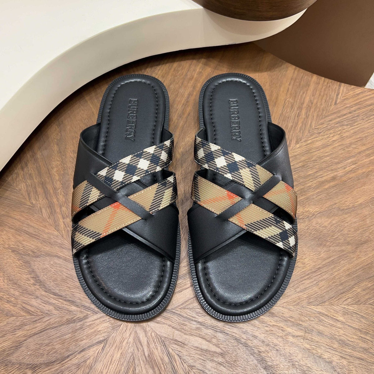 Burberry Plaid Cross-Strap Slide Sandals - Contoured Footbed