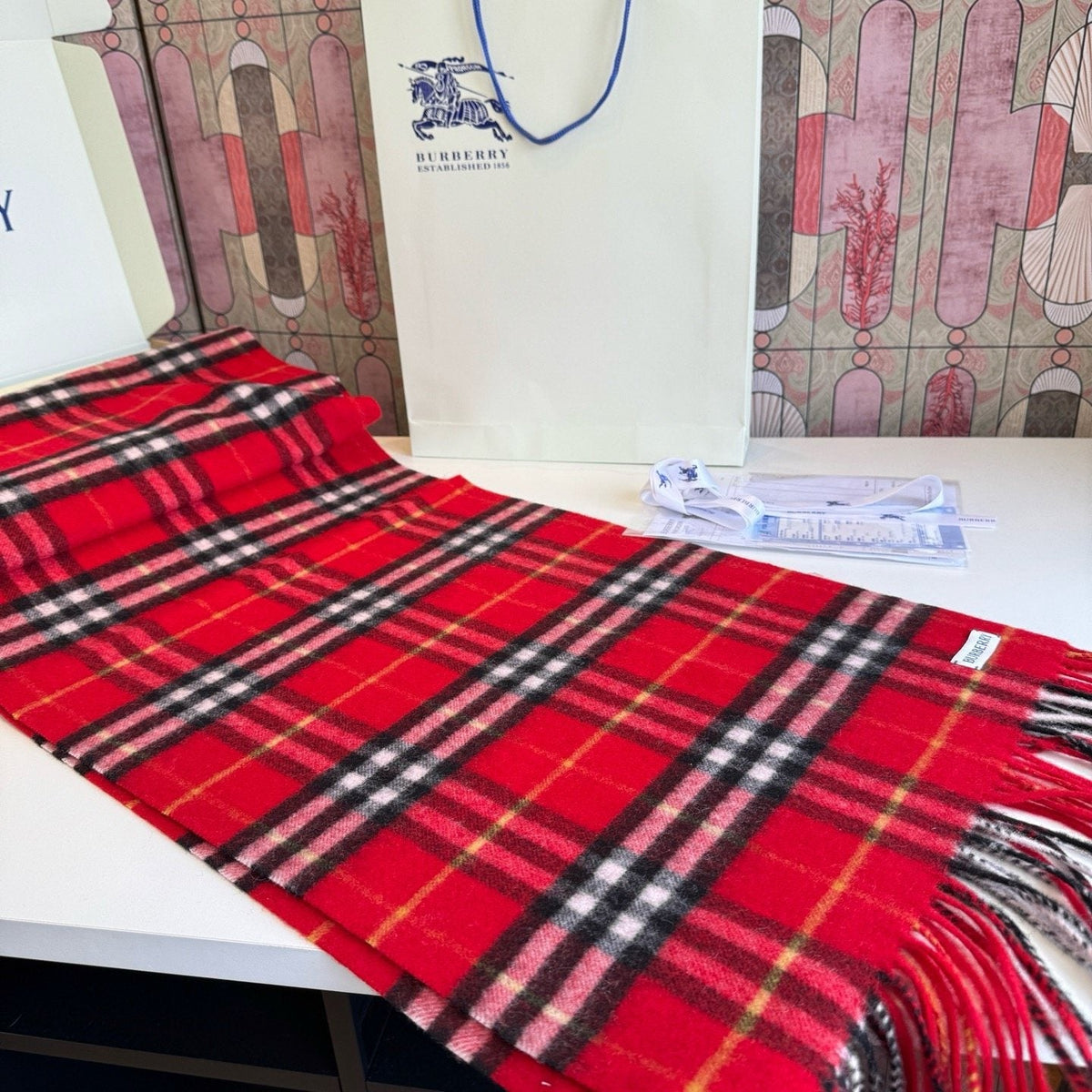 Burberry Red Plaid Fringed Scarf
